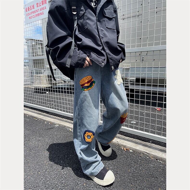 美式街头汉堡薯条毛巾绣割破牛仔裤男女高街vibe宽松直筒阔腿长裤图片