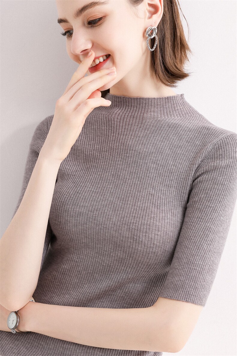 半高领五分袖针织衫女2025春夏季短款中袖修身打底上衣薄款线衣,女装羊毛衫,东远绒业