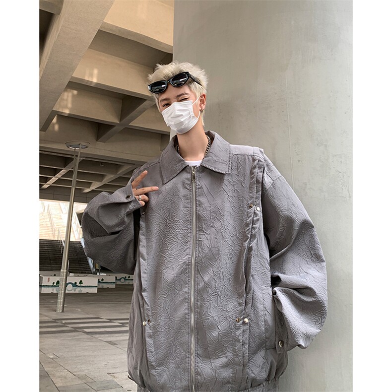 美式古着小众翻领夹克男春秋季重磅褶皱设计宽松高街帅气外套,男装夹克,星座410-7