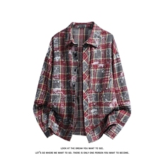 美式复古晕染格子衬衫男长袖高级感慵懒宽松外套C2260-特价P35，男装衬衫，电商A007