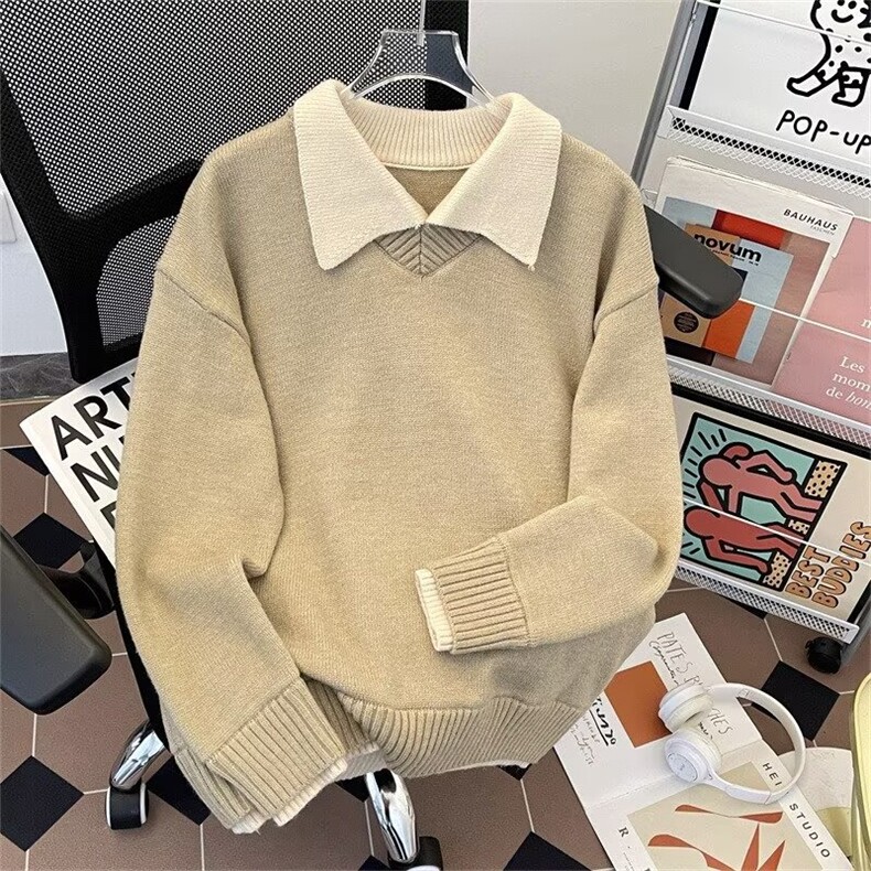 581-P51日系文艺潮流北极绒假两件毛衣气质时尚简约ins慵懒，男装T恤，电商B323A