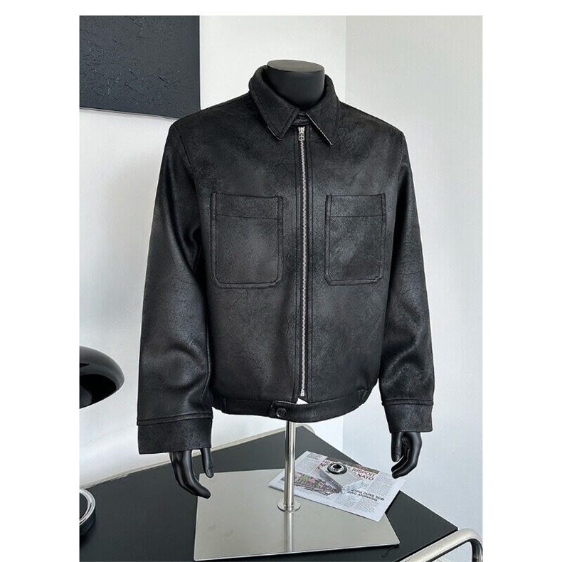 美式复古千鸟格PU皮夹克外套男春秋cleanfit痞帅高级感短款机车服,男装皮衣,星座601-1