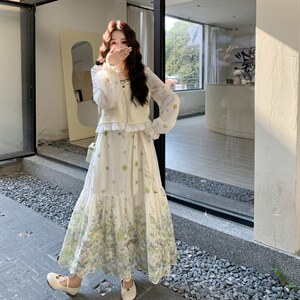 26春新款现-度假风拼接兰花针织开衫连衣裙套装2629-P200K328图片