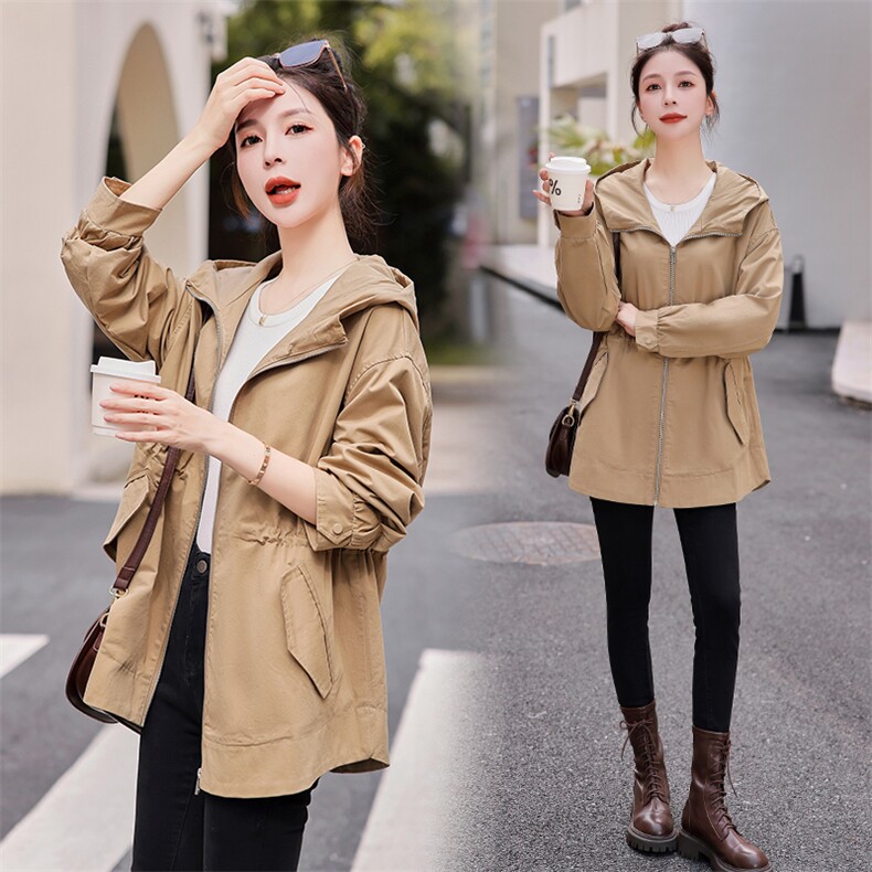 小个子休闲连帽风衣外套女秋季新品卡其色英伦风短款大衣时髦，女装风衣，梦懿尔