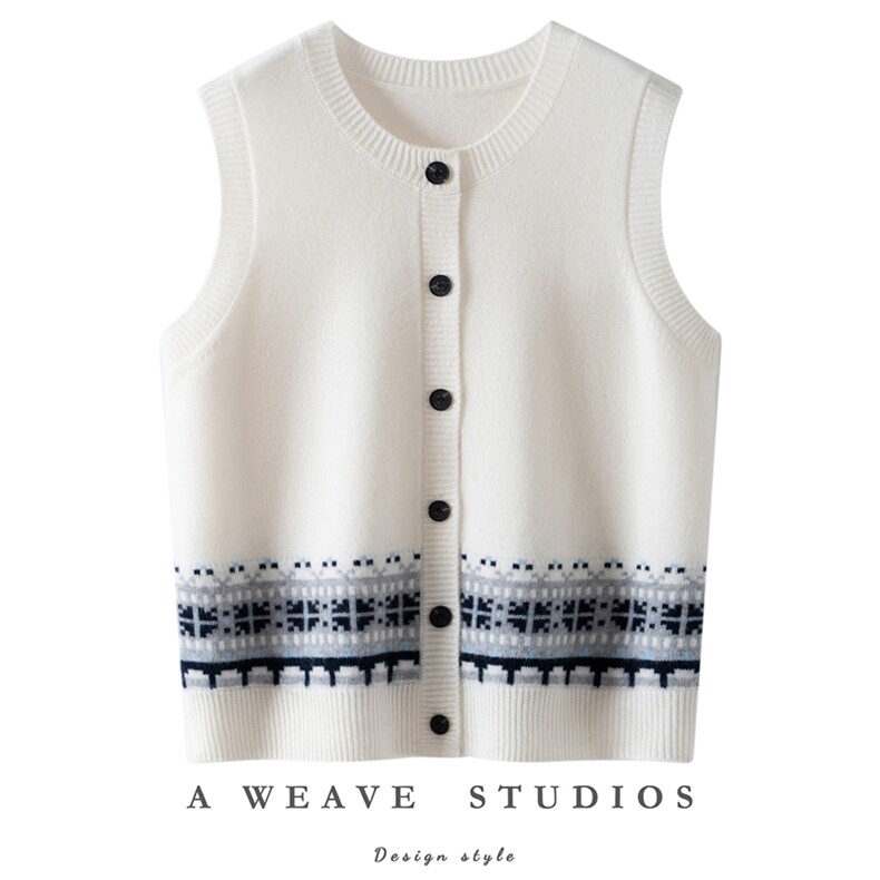 新款雪绒花圆领单排扣开衫无袖马甲时尚百搭，女装针织衫/毛衣，亿嘉羊绒