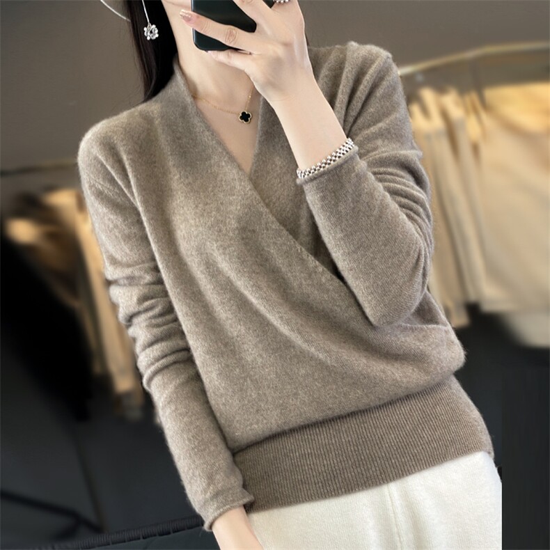 2025冬季新款交叉领羊毛衫女套头修身羊绒衫V领短款外穿和服毛衣,女装羊毛衫,九嘉羊绒