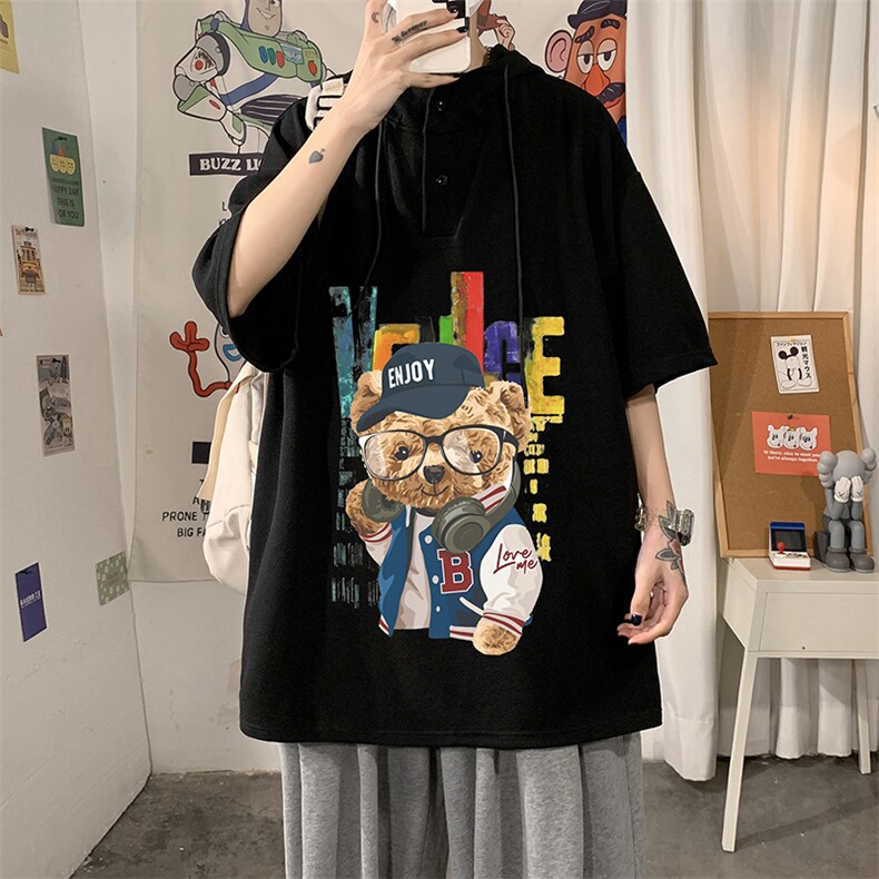 LD54211-P45连帽短袖t恤男大码胖子带帽五分袖中袖海报风,男装T恤,电商A040