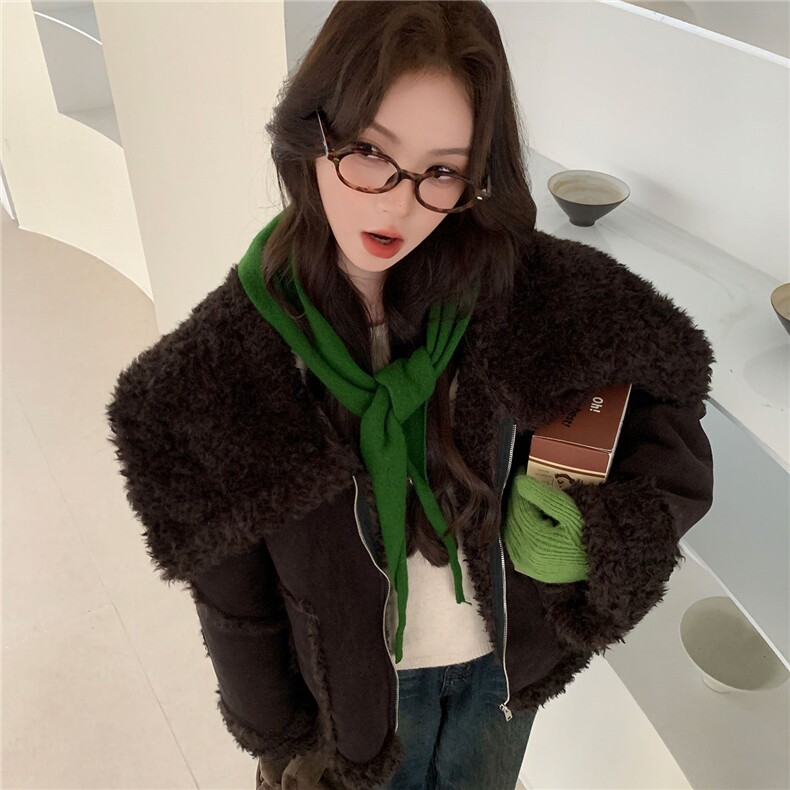 2C085-Q116Q210K308主推款皮毛一体大翻领羊羔毛外套,女装短外套,2C085
