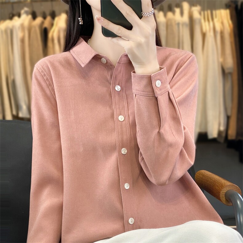 24秋冬款POLO领长袖衬衫上衣女宽松纯色打底磨毛衬衣开衫休闲外套,女装衬衫,宛庄羊绒