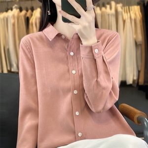 24秋冬款POLO领长袖衬衫上衣女宽松纯色打底磨毛衬衣开衫休闲外套图片