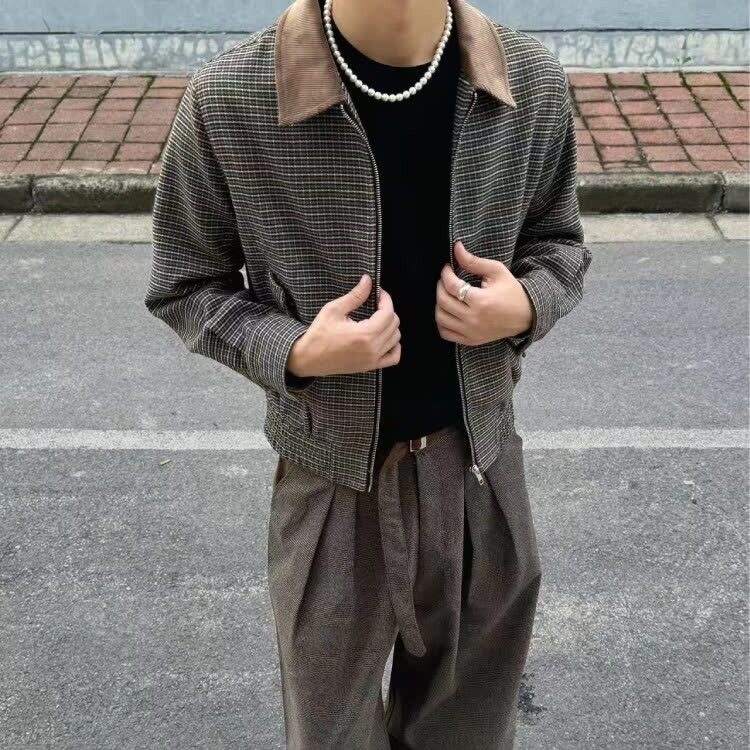 格纹腔调复古黑白格子舒适松弛感翻领短款夹克外套网JK704-P83,男装夹克,星座1001-1