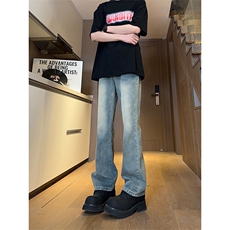 现货主推渐变复古蓝微喇直筒松紧腰休闲牛仔裤男女K5809-P50控69，男装牛仔裤，星座205