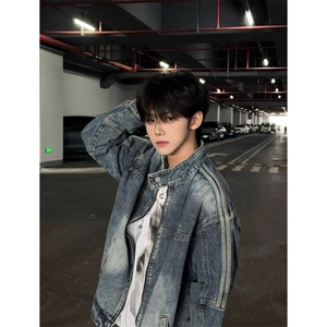 JK8946-P70美式牛仔外套男春秋水洗做旧潮牌夹克男痞帅刺绣拼接