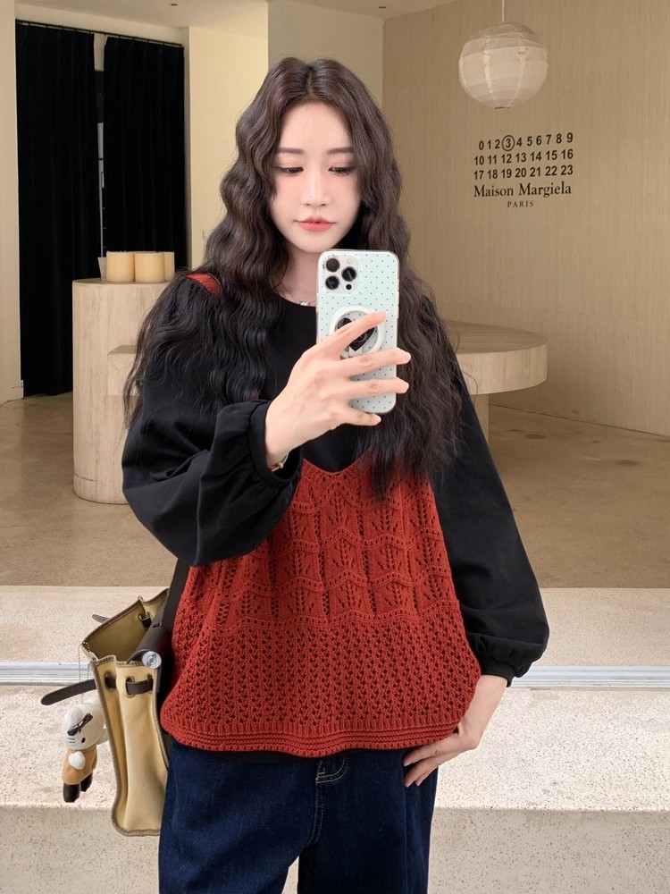 针织镂空背心上衣衬衫叠穿套装女秋巨好看绝美两件套女秋,女装套装/套裙,2B219