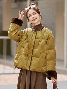 新中式g风提花羽绒服女2025冬季新款时尚拼接白鸭绒短款外套图片