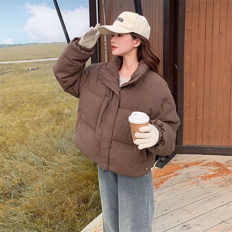 韩版咖色格纹短款羽绒服女2025年冬季新款显瘦保暖立领白鸭绒外套,女装羽绒服,2C309