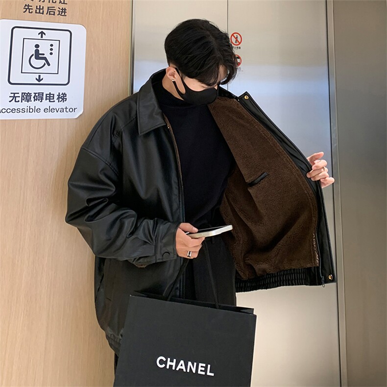 D2183-TP130控价178冬季机车皮夹克保暖加绒宽松帅气皮衣外套男,男装棉衣,电商A102-1
