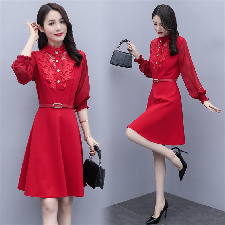 2021春季新款时尚气质立领灯笼袖拼花边连衣裙配腰带，女装连衣裙，岚衣(原川流布茜）