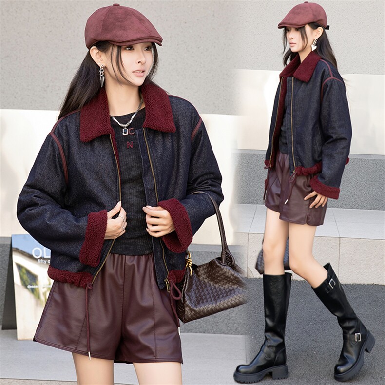 时尚拼接翻领加绒牛仔短外套女2024冬季新款小个子休闲羊羔毛棉服,女装牛仔外套,美拉德工厂直营店