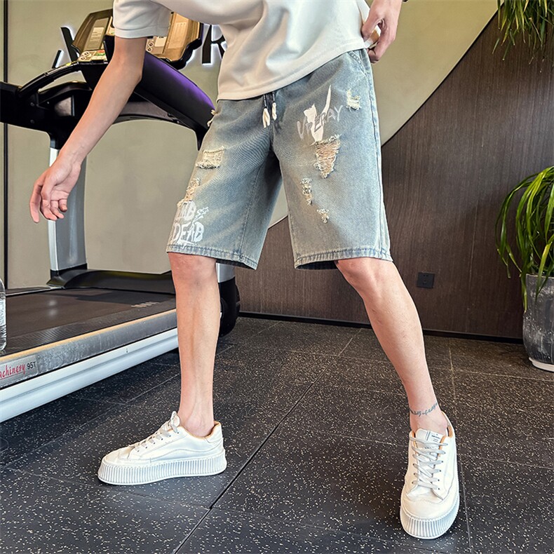 2026新款水洗牛仔短裤男士破洞印花休闲夏季五分裤男901N02P38，男装牛仔裤，星座901