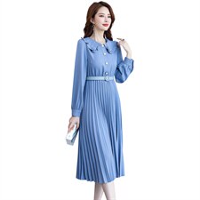 百褶连衣裙纯色通勤高腰套头A字裙长袖淑女2021年春季，女装连衣裙，铭街依杨