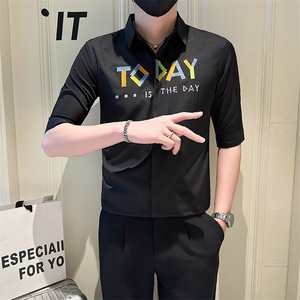 店主风社会小伙男绣花七分袖衬衫男士休闲衬衣301A-1/CS565/P55图片