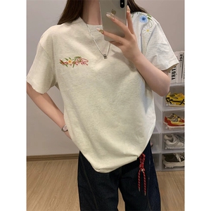 万针全刺绣工艺抖音得物高品质260克重磅纯棉双纱美式高街短袖T恤图片