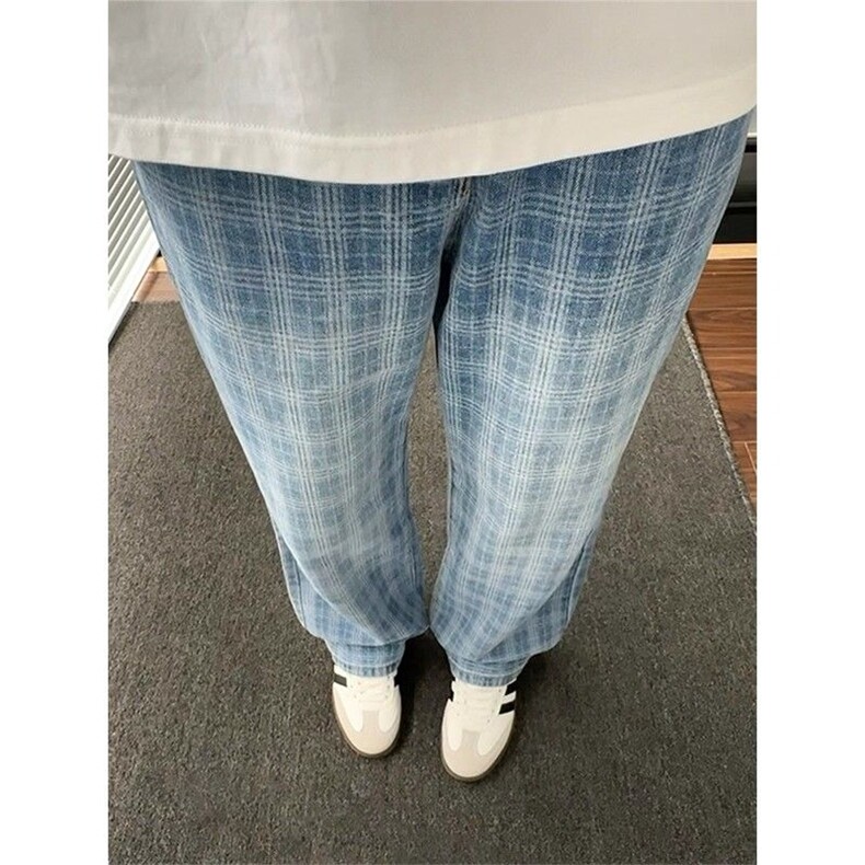 原版质量蓝格子半松紧腰微喇牛仔裤AM433P48，男装牛仔裤，星座1013-5