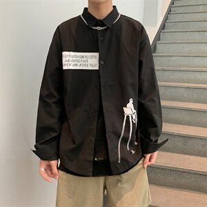 春季日系复古潮牌印花衬衫男士原宿港风长袖衬衣潮流 W1600-P32图片