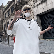 拉链条纹T恤男款短袖宽松纯棉高街上衣夏季新款，男装T恤，星座410-6（原星座1304-1）