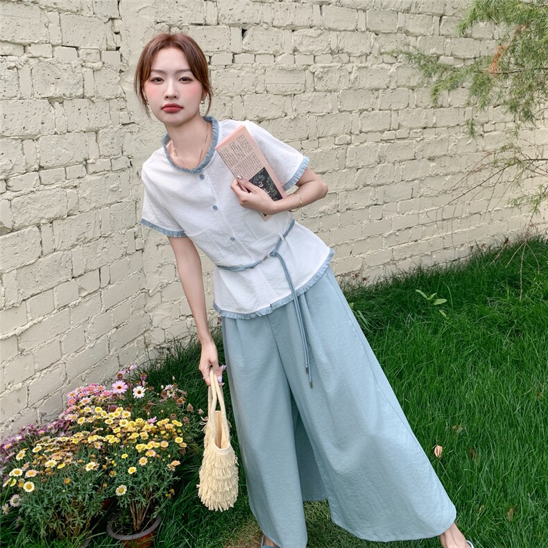 韩系淑女风穿搭白色衬衫配蓝色阔腿裤女夏2025年休闲气质减龄套装,女装套装/套裙,2C129