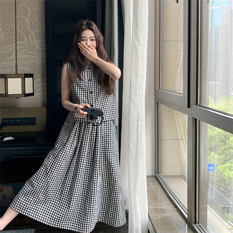 时尚黑色格子无袖马甲半身裙套装女夏2025新款学院风超好看两件套,女装套装/套裙,2C206