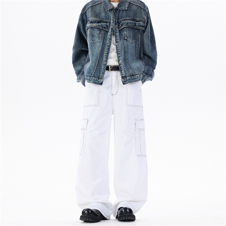 白色明线牛仔裤男日系水洗工装裤慵懒气质时尚文艺FN1323-P56,男装牛仔裤,星座1001-1