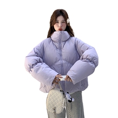 设计感紫色短款羽绒服女2024冬季新款小个子面包服白鸭绒加厚外套，女装羽绒服，红龙果