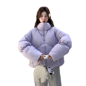 设计感紫色短款羽绒服女2024冬季新款小个子面包服白鸭绒加厚外套图片