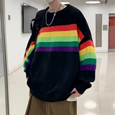 彩虹条纹毛衣男秋季美式复古潮牌情侣宽松圆领针织衫M931-P41，男装针织衫/毛衣，星座512-2
