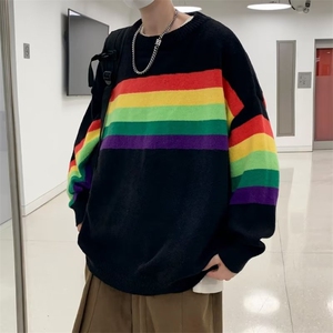 彩虹条纹毛衣男秋季美式复古潮牌情侣宽松圆领针织衫 M931-P41图片