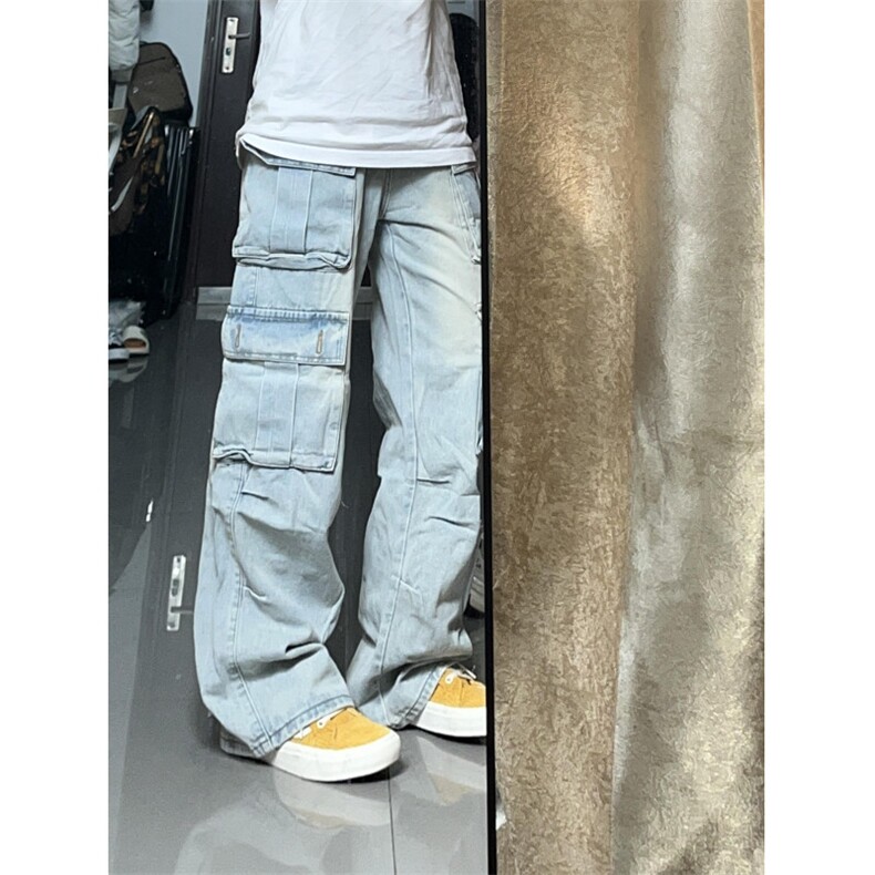 【有货】浅蓝色多口袋工装牛仔裤男款宽松美式裤子K8034LL-特P56,男装牛仔裤,星座1007（原301D）