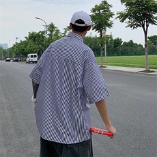 W275-P302025夏季衬衣潮流帅气休闲条纹港风宽松痞帅衬衫短袖，男装T恤，星座911-1