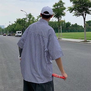 W275-P30 2025夏季衬衣潮流帅气休闲条纹港风宽松痞帅衬衫短袖图片