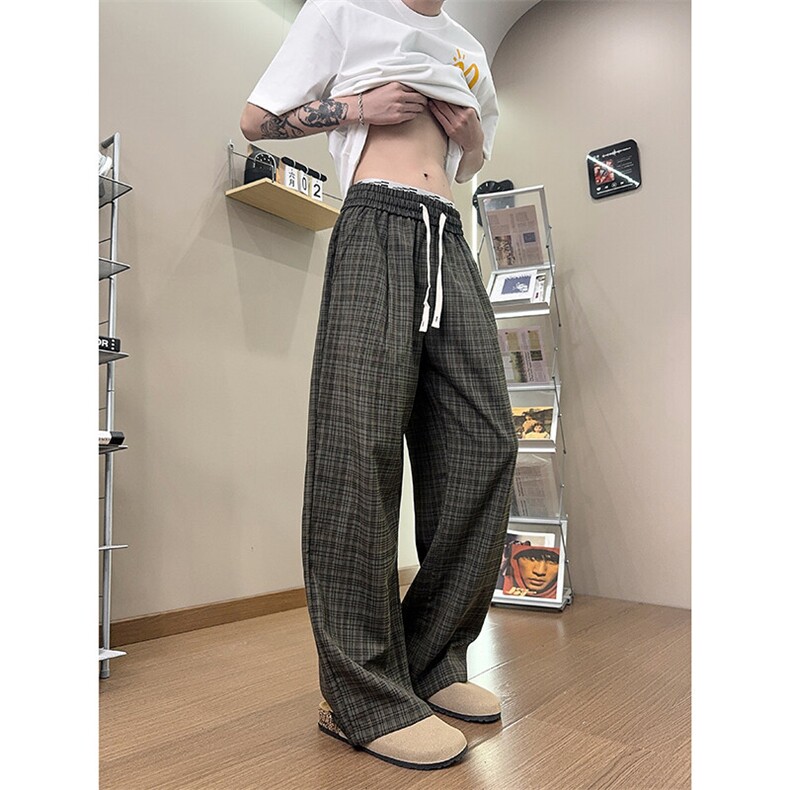 XK468-P35灰色格子裤男夏季薄款慵懒松弛感美式休闲阔腿直筒裤,男装休闲裤,电商A178