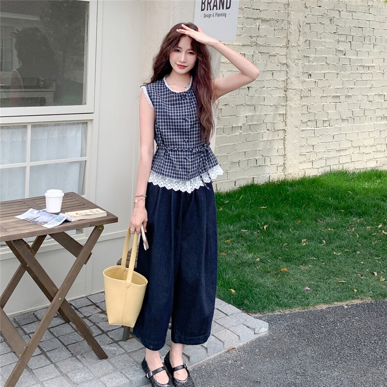夏季牛仔阔腿裤无袖衫时尚两件套女,女装套装/套裙,浙宝069