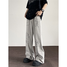 美式复古手绘涂鸦印花微喇叭牛仔裤男女宽松拖地长裤J00533-P50，男装牛仔裤，星座1008-2