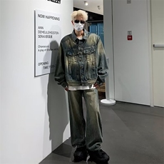 黄泥色牛仔外套男2024年秋季美式复古水洗夹克高街痞帅T105-P68，男装工装外套，星座1109-3