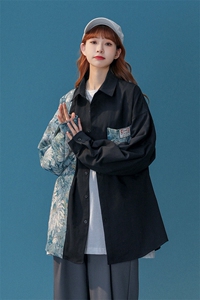 中性风花型拼接长袖衬衫女大码M-5XL情侣潮长袖衬衫男CS7714P60图片