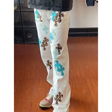 美式克罗CH高街轻奢牛仔裤白色潮牌十字架宽松男女同款直筒长裤，男装牛仔裤，四季星座505