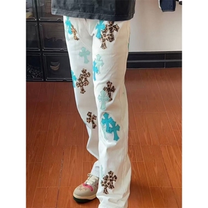美式克罗CH高街轻奢牛仔裤白色潮牌十字架宽松男女同款直筒长裤图片