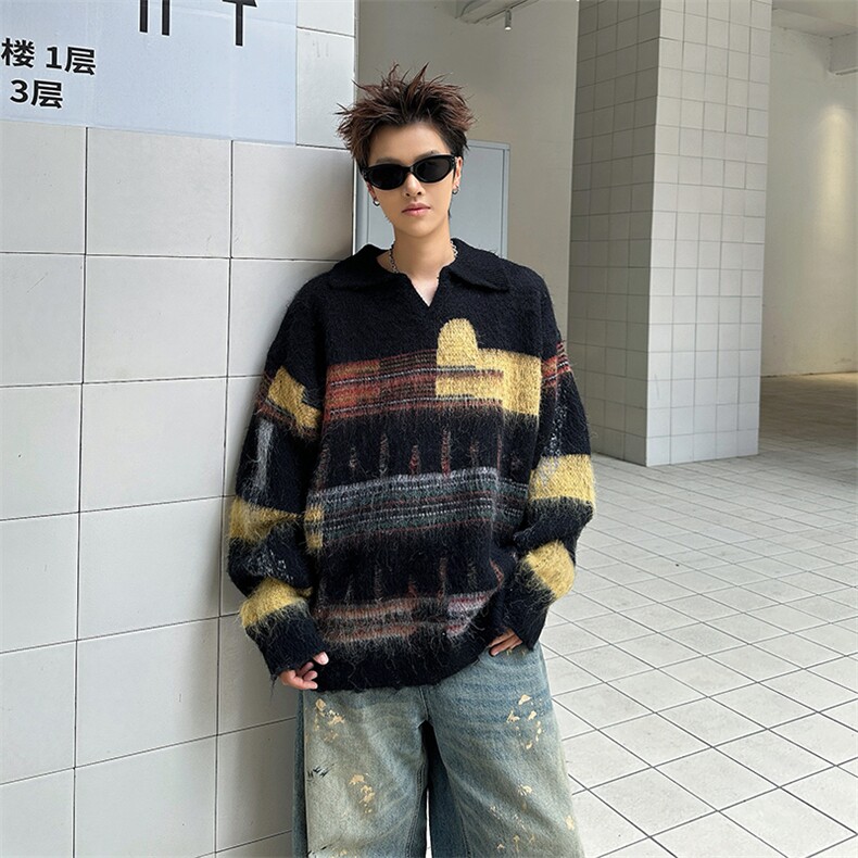 撞色复古翻领毛衣男女休闲慵懒风情侣款秋冬针织衫MY09576-P60,男装针织衫/毛衣,星座308B-2