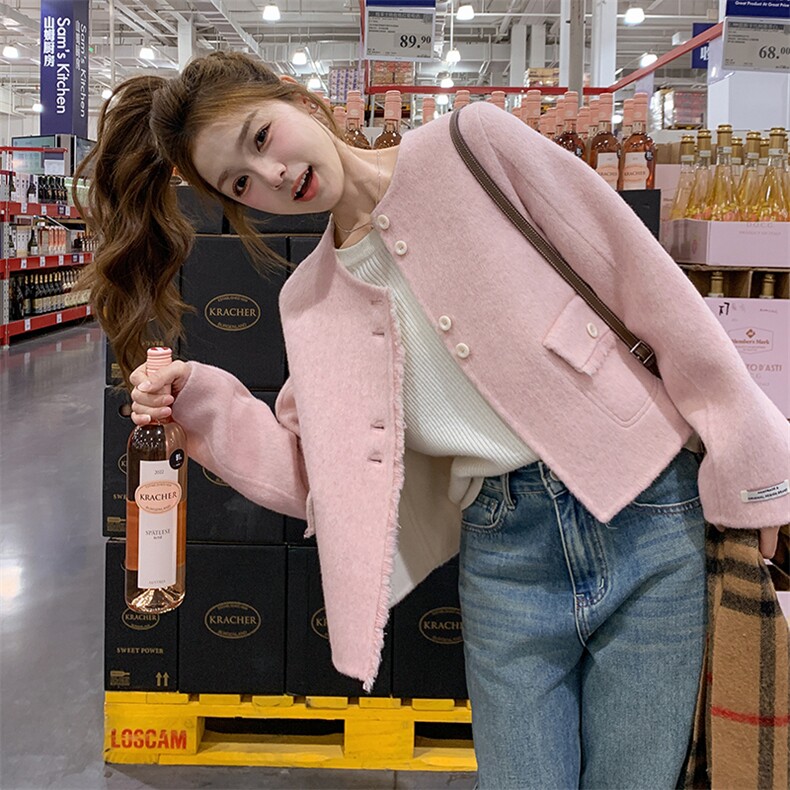 新品粉色超好看小个子双面羊毛大衣女外套A509P195K298,女装短外套,2C268
