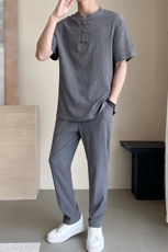风褶皱盘扣运动休闲套装男士舒适轻薄透气短袖T恤两件套TZ400，男装T恤，星座305A（原312A-1）